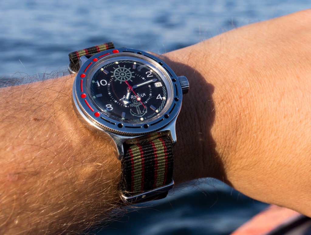 Wrist shot of Vostok Amphibia, with NATO strap, while kayaking.