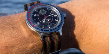 Wrist shot of Vostok Amphibia, with NATO strap, while kayaking.