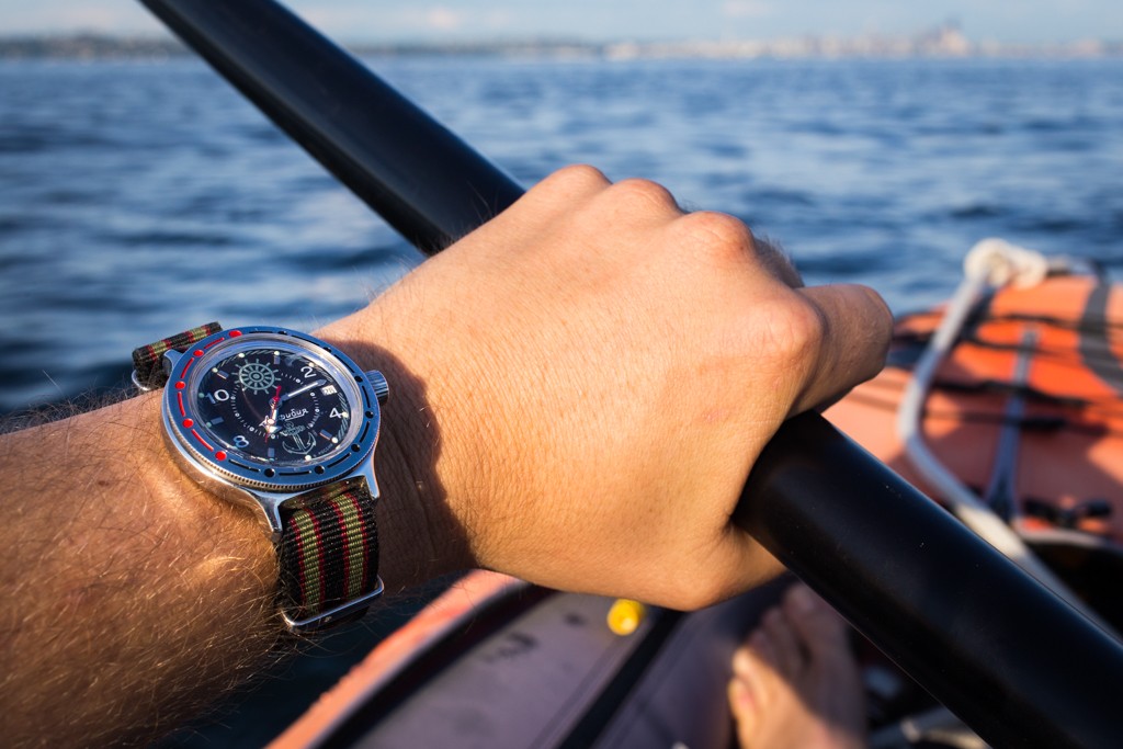 Wearing the Vostok Amphibia while kayaking near Seattle.