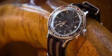 Vostok Amphibia Review – 'Zissou' displayed on wooden steering wheel.