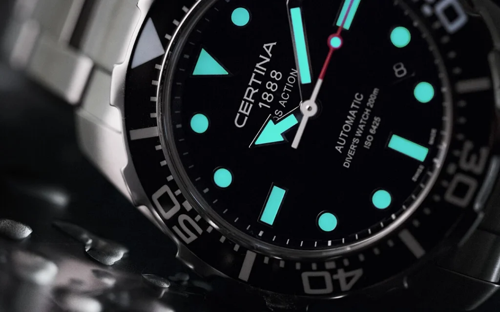 Stock photo of the Certina DS Action 34.5mm showcasing the Super LumiNova lume on the dial and hands