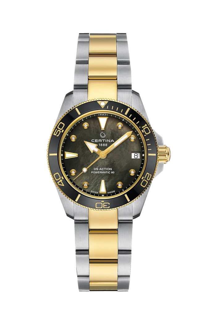 Stock photo of the Certina DS Action 34.5mm with black and gold mother of pearl