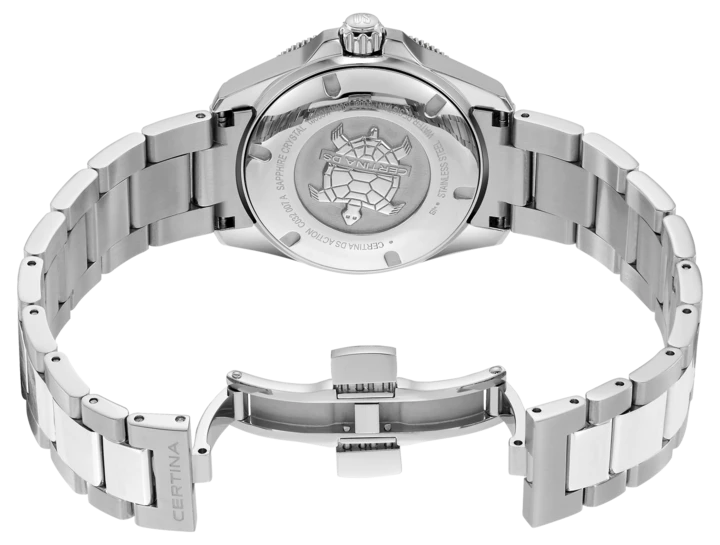 Stock photo of the Certina DS Action 34.5mm case back, showing the turtle emblem, and the bracelet