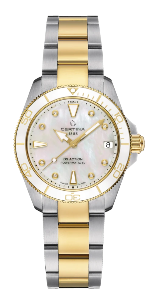 Stock photo of the Certina DS Action 34.5mm in white and gold mother of pearl