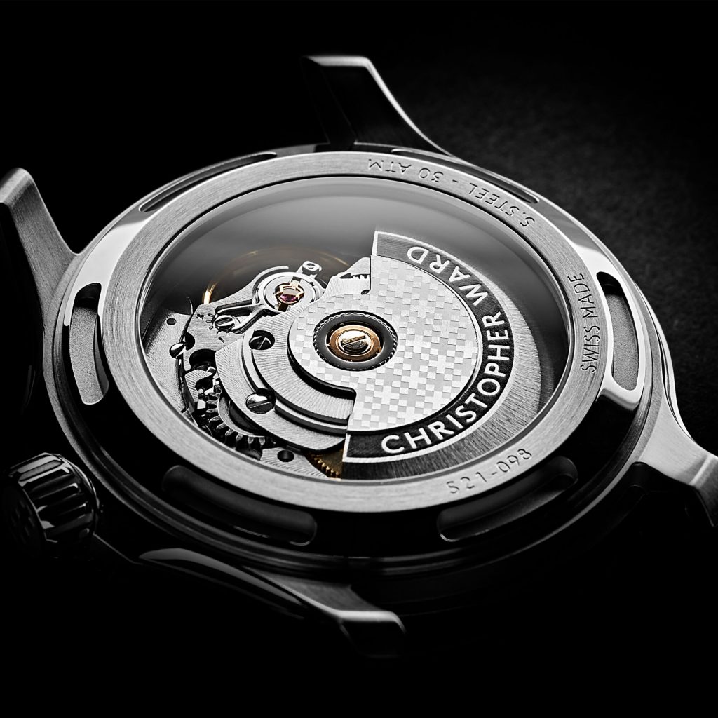 A stock photo showing the exhibition caseback of the Christopher Ward C60 Trident Pro 300