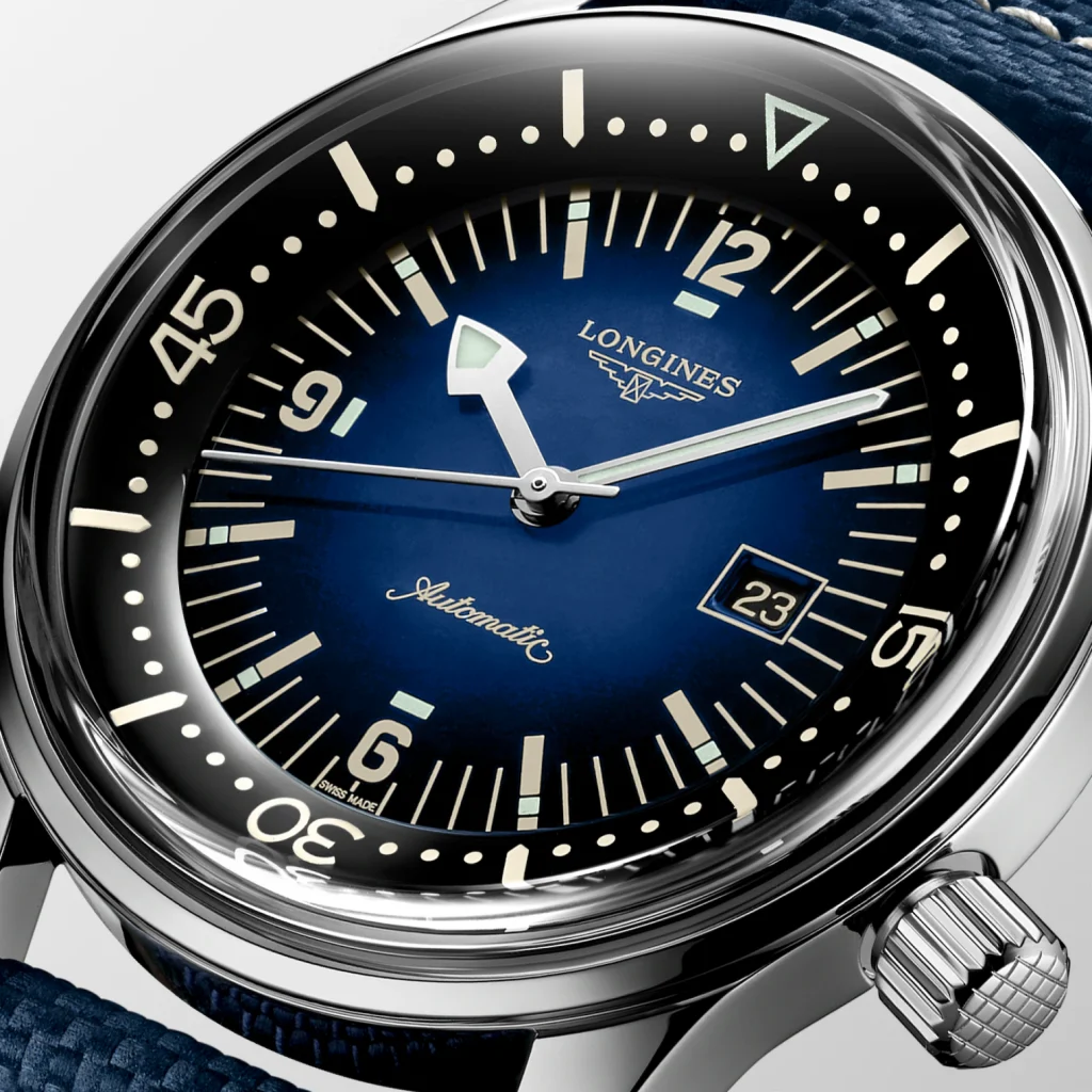 Stock photo of the Longines Legend Diver showing a close up of the blue dial.