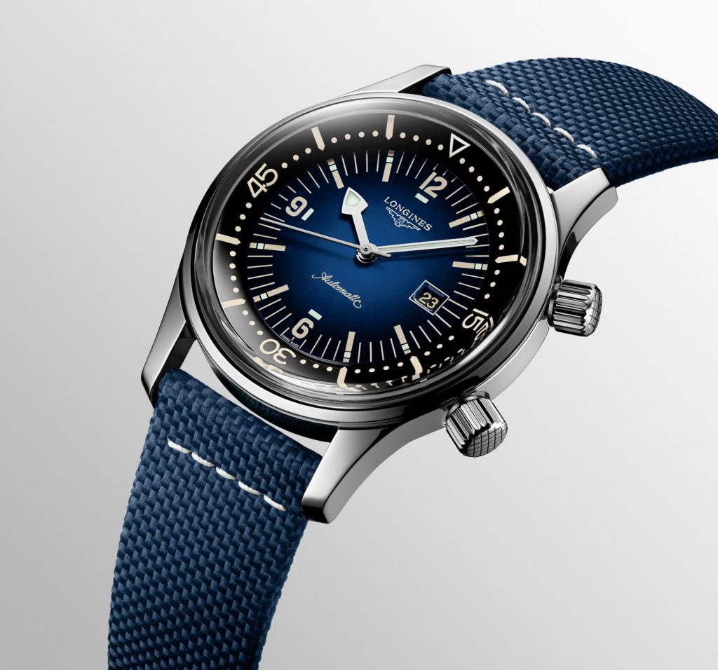 Stock photo of the Longines Legend Diver with blue dial, showing the blue strap