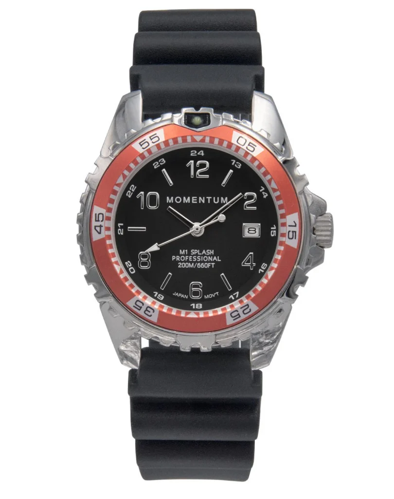 Momentum Splash dive watch with black dial and coral bezel insert