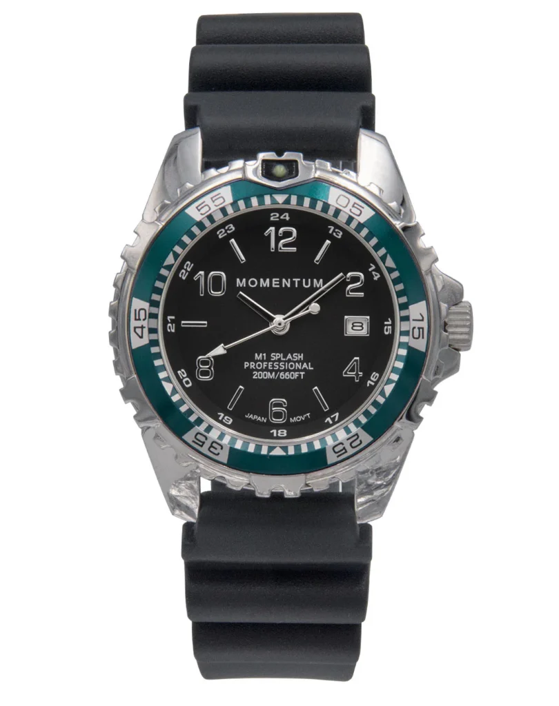 Momentum Splash dive watch with black dial and teal bezel insert