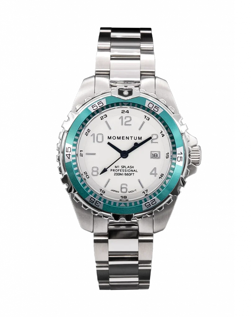 Momentum Splash Full Lume dive watch with white dial and aqua bezel insert