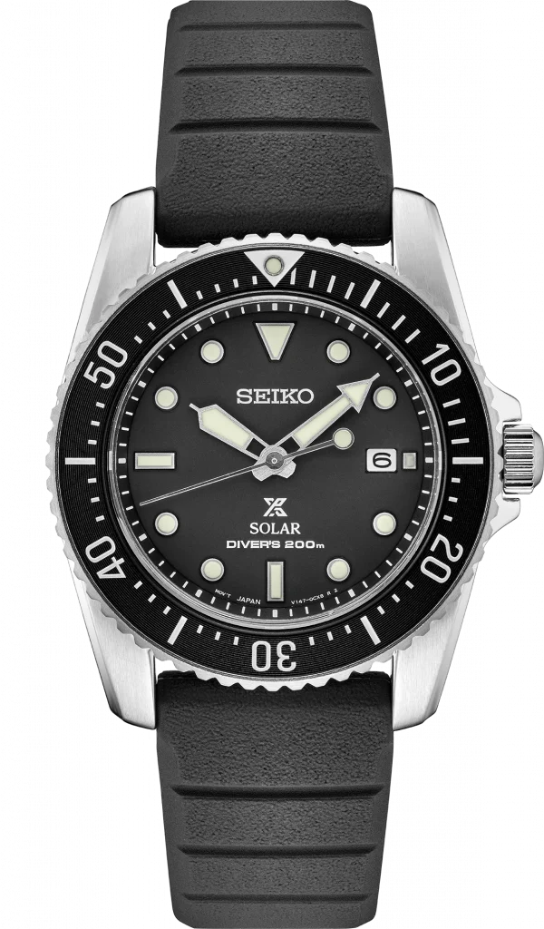 Front view of the black dialed Seiko SNE573