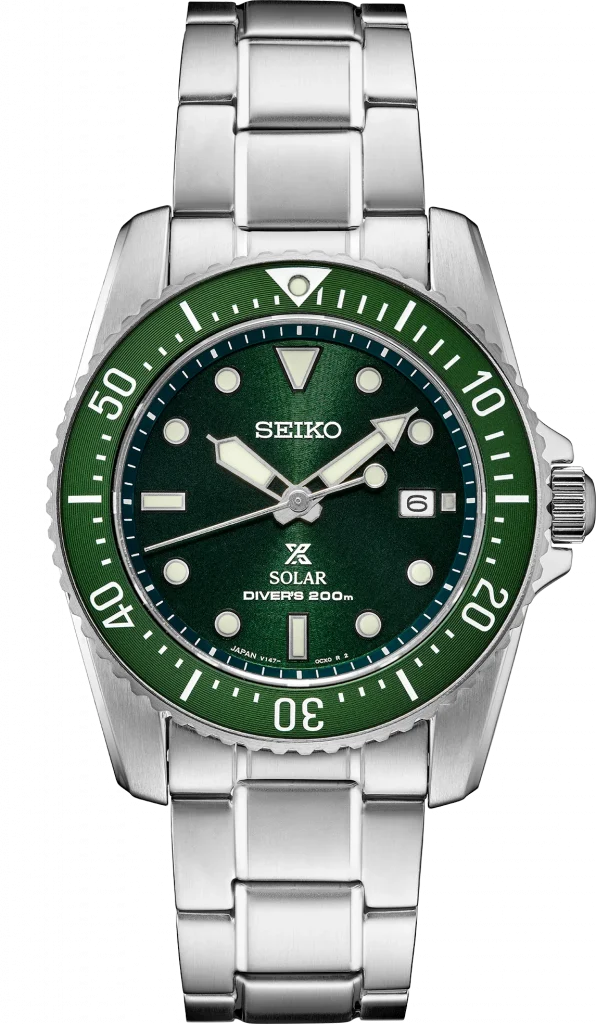 Front view of the green dialed Seiko SNE583 Prospex Solar Diver