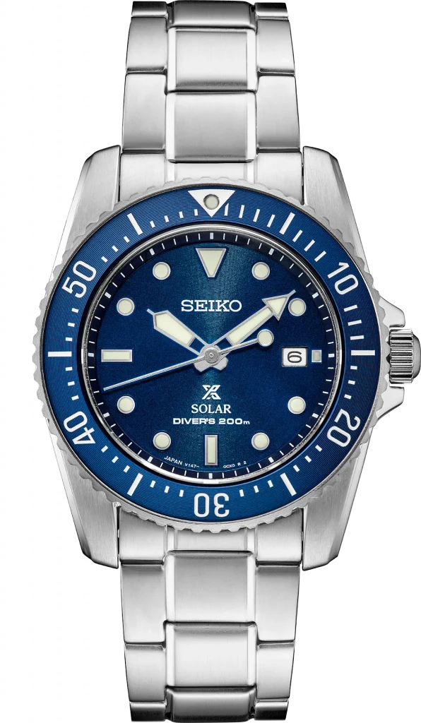 Front view of the blue dialed Seiko SNE585 Prospex Solar Diver