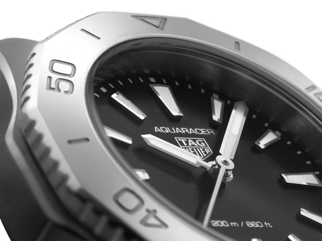 Close up view of the black dial version of a Tag Heuer Aquaracer Professional 200 women's dive watch