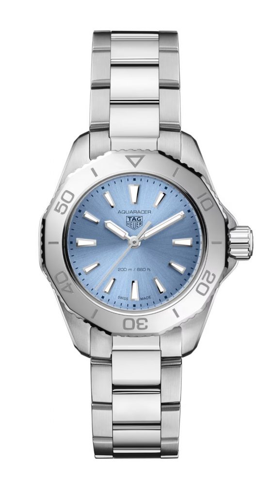 Stock photo of the Tag Heuer Aquaracer Professional 200 women's dive watch, with a blue dial.